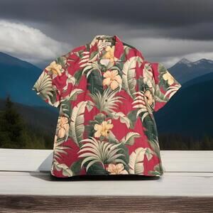 Tommy Bahama Mens Button Down Hawaiian Shirt Silk Tropical Floral Red Size Large
